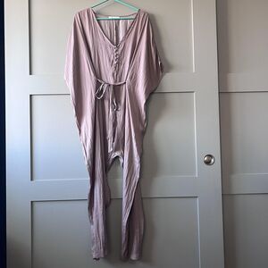 Mustard Seed Jumpsuit Womens Small Brown V Neck Button Front‎ Belted Harem Satin